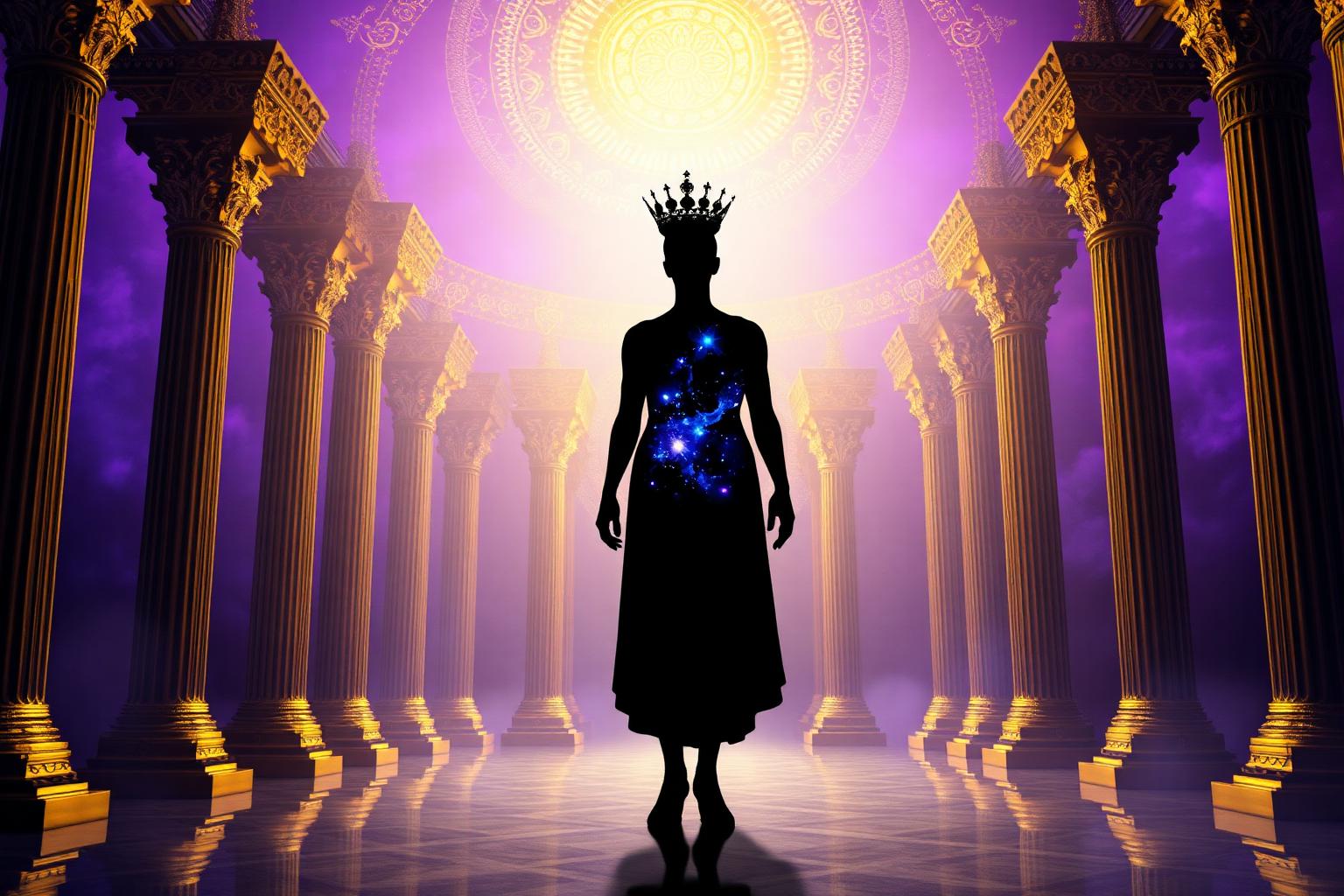 Sovereign silhouette in a cathedral of light and sacred geometry
